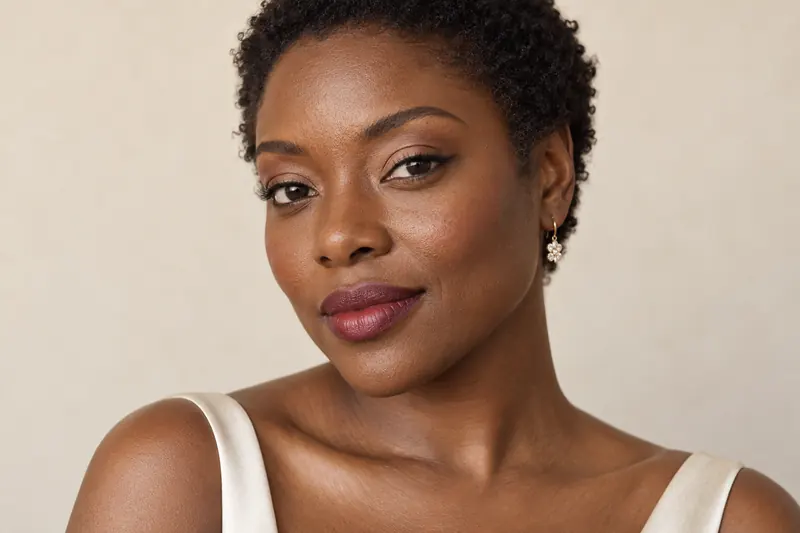 Original makeup concept with a defined berry lip, softly lined eyes and a satin skin finish on dark skin.