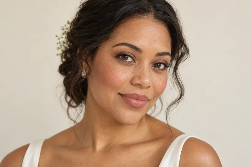 Original makeup concept with softly blended rose cheek color, brown eye definition and a soft lip on medium-brown skin.