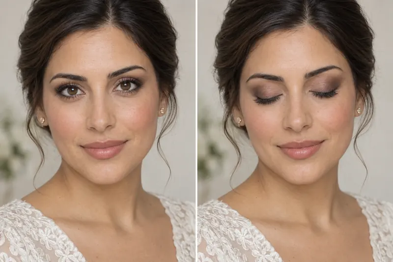 Brown-and-charcoal eye shading with a soft neutral lip, shown on the same face with eyes open and closed.