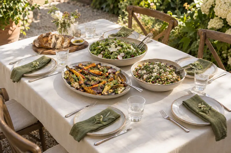 Vegetable platters, bread and a grain salad sit between four pale place settings, with separate serving utensils and small flowers at the far end.