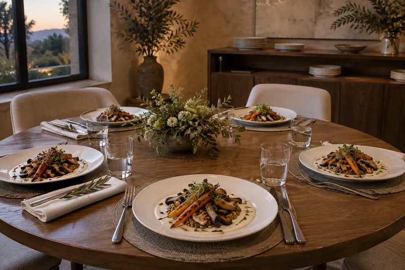 Pale plates carry a mushroom and roasted-carrot main course on a restrained restaurant table, with a separate service sideboard behind it.