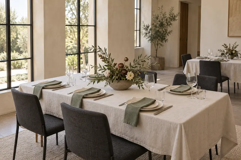Modern wedding concept with charcoal chairs, sage napkins and one low flower bowl in a light-filled ivory room.