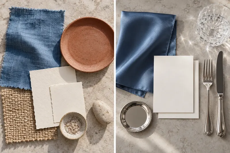 Original palette comparison with blue linen and terracotta on one side, blue satin and silver with ivory paper on the other.