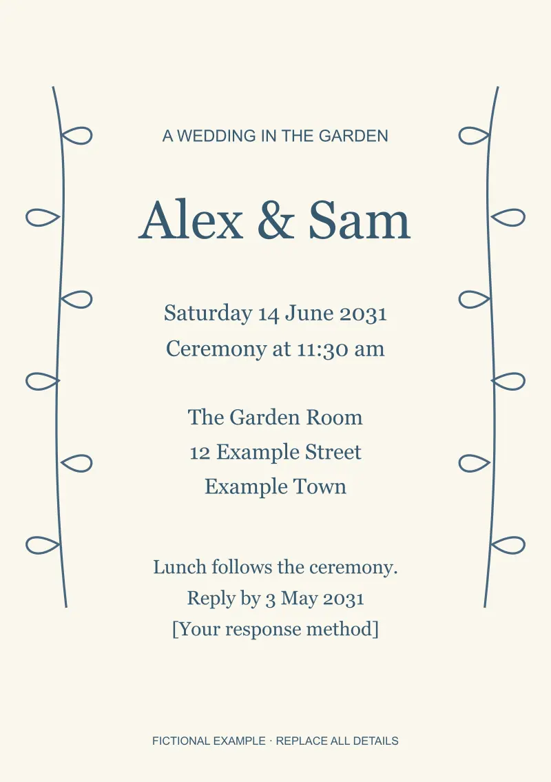 Original blue line-drawn leaves frame a pale invitation while its central text remains open and readable.