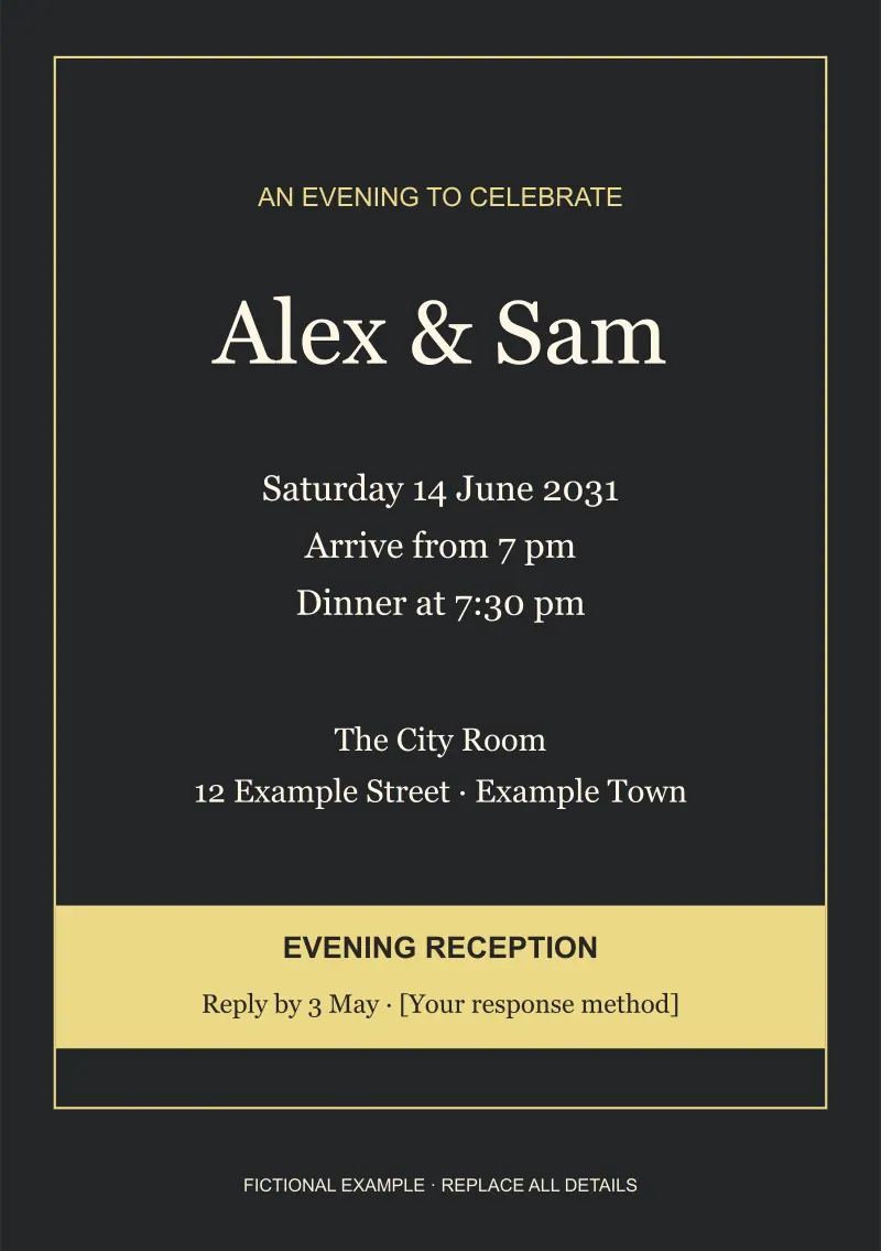 Black and butter-yellow typography creates a compact evening-reception invitation with an explicit arrival time and meal description.