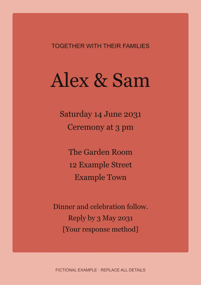 Large serif names sit inside a coral-and-pink invitation with a clear centered hierarchy and generous margins.