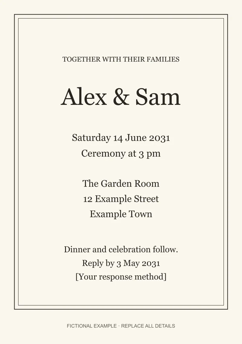 A double ink border surrounds centered serif names and a restrained, clearly separated date and venue.