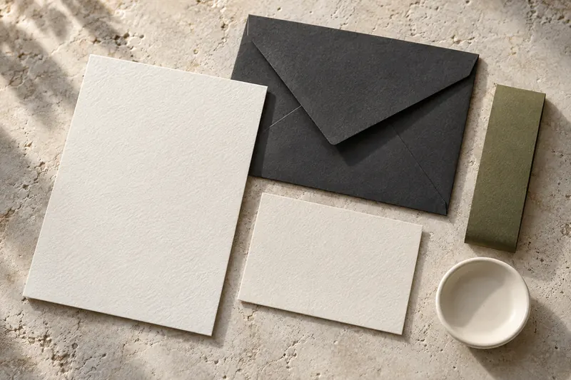 Ivory rectangular card stock, a dark envelope and a narrow olive paper band arranged as a minimal stationery material study.