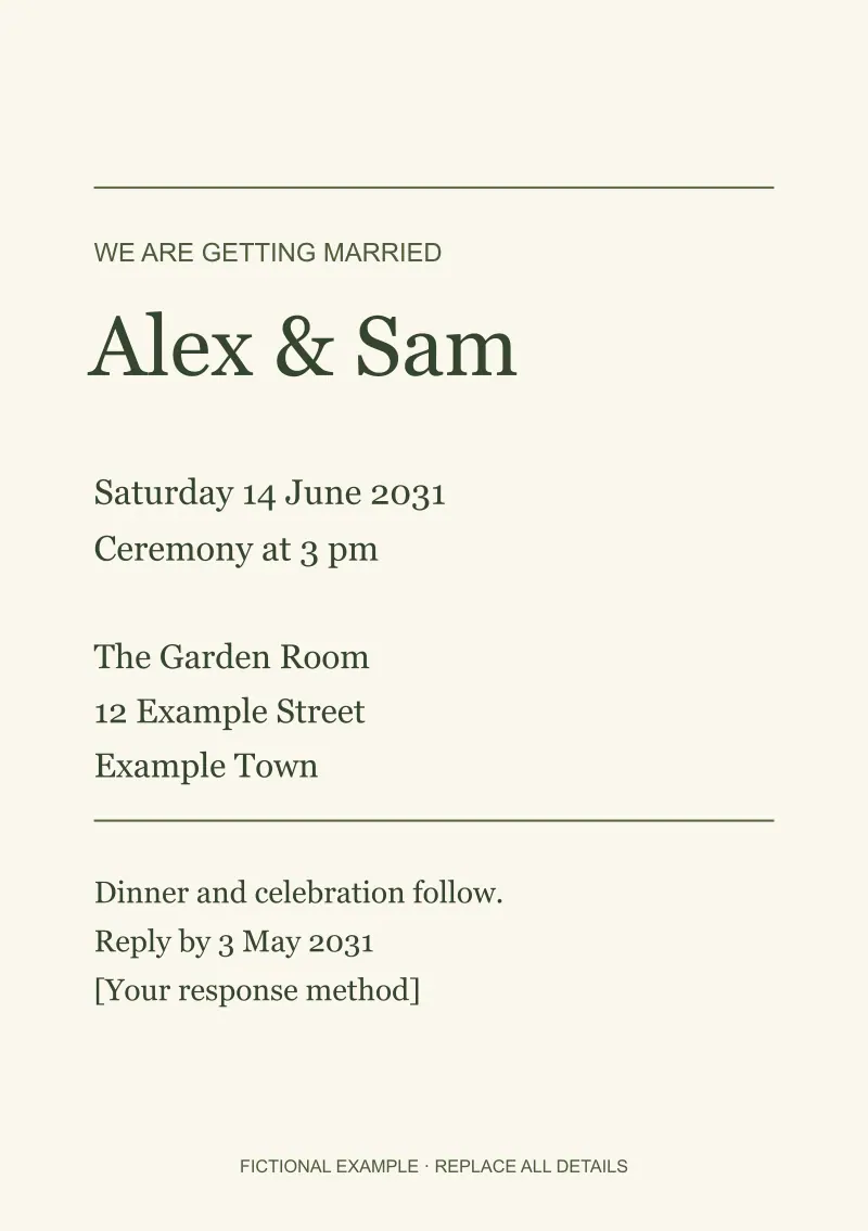 Olive sans-serif names, a slim divider and left-aligned event details create a calm, spare invitation.
