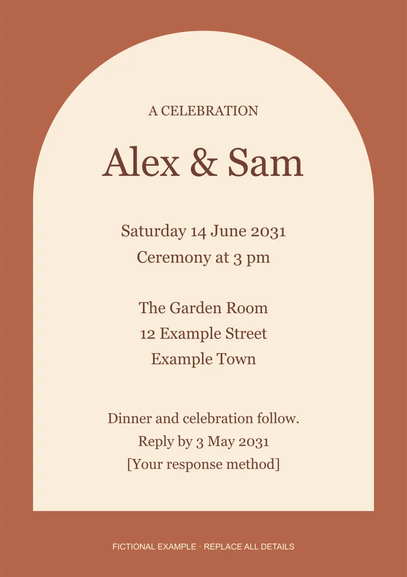 A warm terracotta arch surrounds cream serif names, with practical event details grouped beneath them.