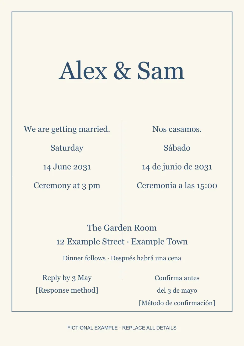 An original two-column invitation gives English and Spanish example wording equal prominence below the names.