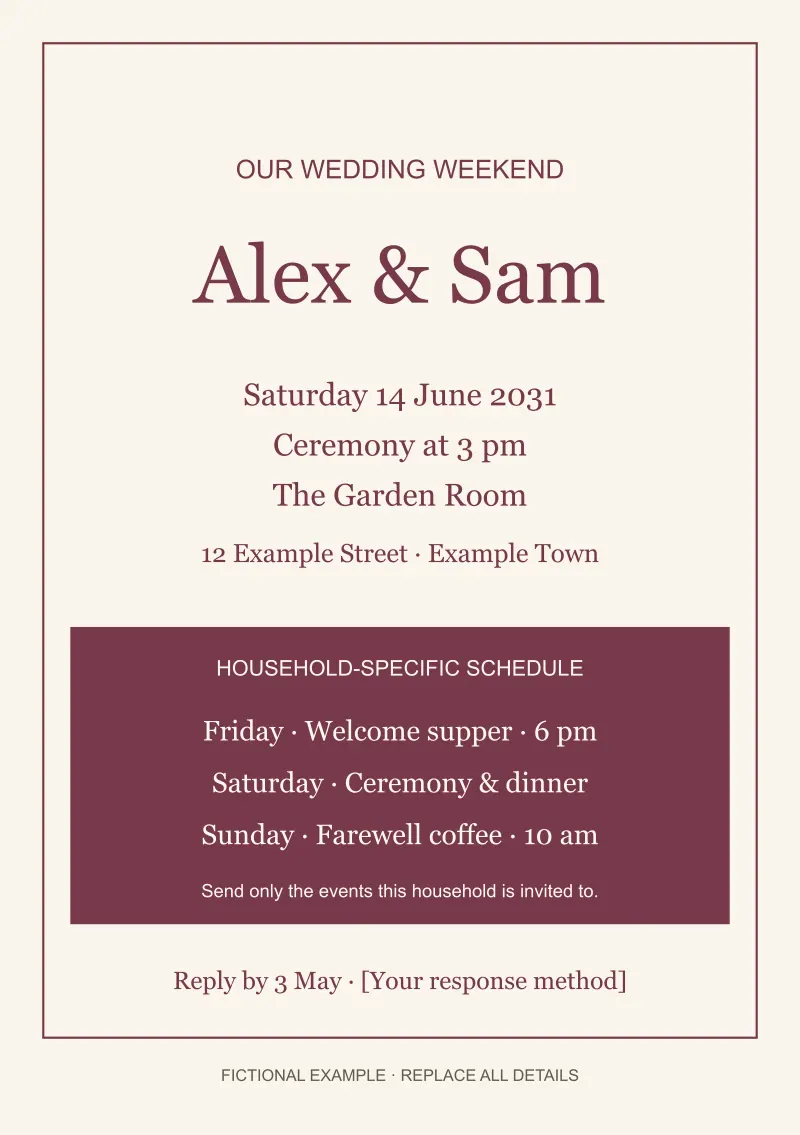 A burgundy-and-ivory invitation pairs a clear main message with a separate schedule panel for welcome, ceremony and farewell.