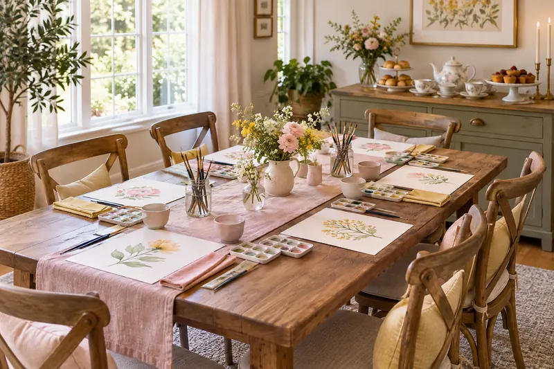 A bright wedding-shower table with small watercolor palettes, brushes and paper, with tea and pastries on a separate sideboard.