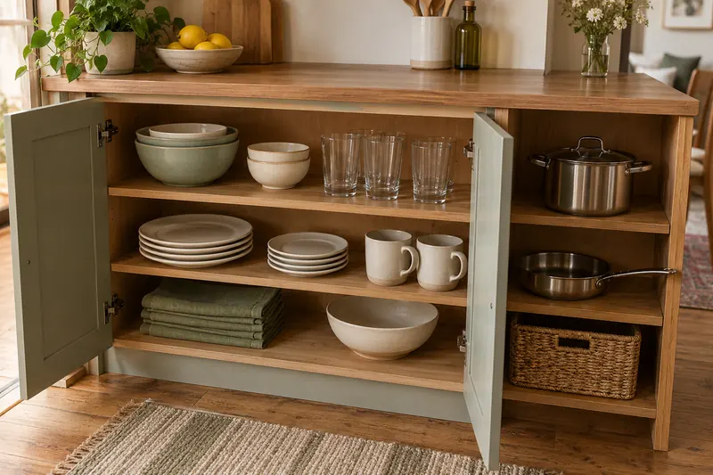 A small home cupboard with nesting bowls, everyday plates, glasses and folded linen beside a compact cookware shelf.