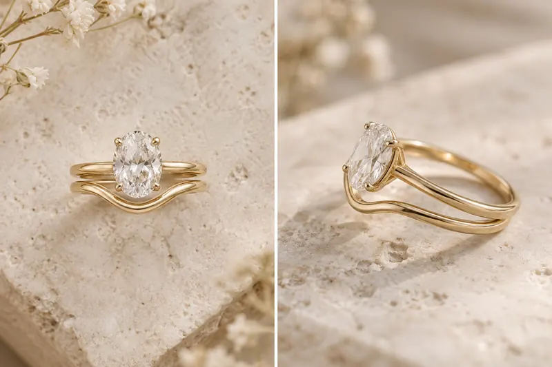 Original ring-pairing concept showing a curved yellow-metal band shaped around an oval solitaire.