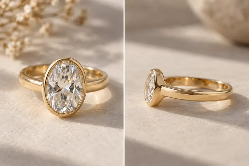 Original ring concept with an oval clear stone enclosed by a smooth yellow-metal bezel, shown above and in profile.