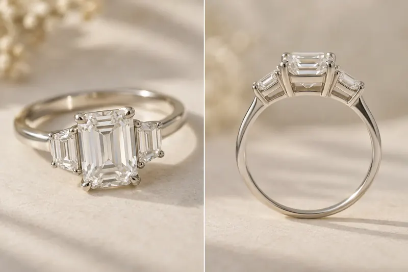 Original ring concept showing a rectangular step-like center stone and two smaller side stones from above and in profile.