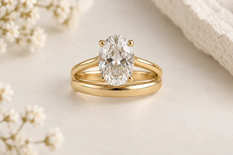 An oval solitaire ring stacked beside a straight wedding band, with visible space between their outlines near the setting.