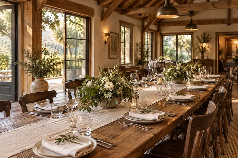 Rustic wedding concept with a long wooden table, natural linen and low green arrangements in a timber dining room.
