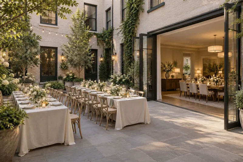 An enclosed urban courtyard with dining tables and open doors to a neighboring indoor room.