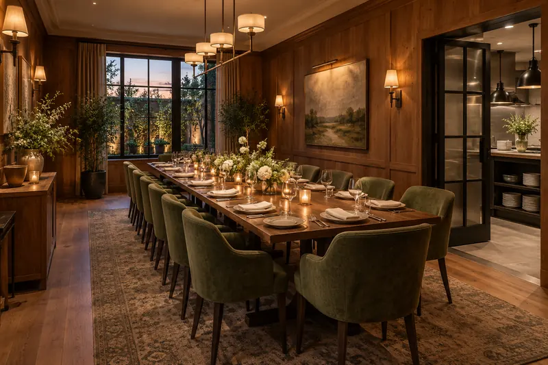 A small restaurant private dining room with one long table, upholstered seats and an open service doorway.