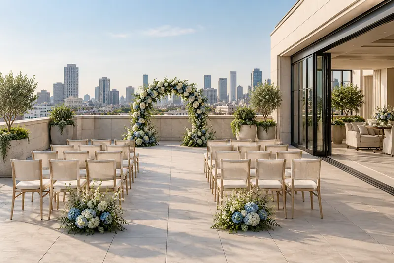 An urban rooftop terrace with ceremony chairs, a substantial parapet and a glazed indoor room beside it.
