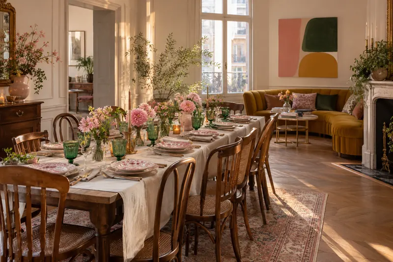 Eclectic wedding dining room with mismatched timber chairs, patterned pink plates, green glass and a mustard velvet seating corner.