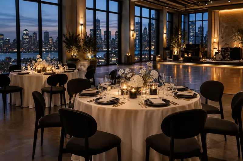 Original formal wedding concept with black chairs, ivory tables, warm metallic details and evening light.