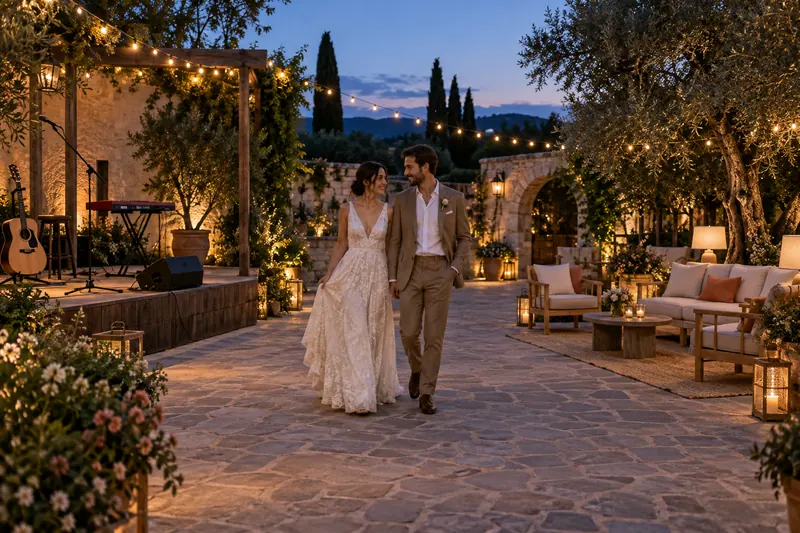 A wedding couple walks between a small music stage and a cream-seated lounge in a softly lit courtyard at dusk.