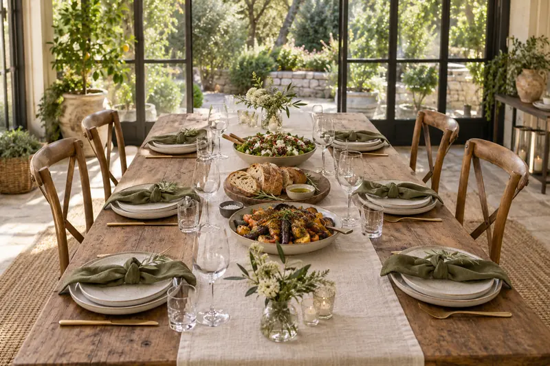 Original family-style table concept with shared serving platters in the center and restrained flowers at the ends.