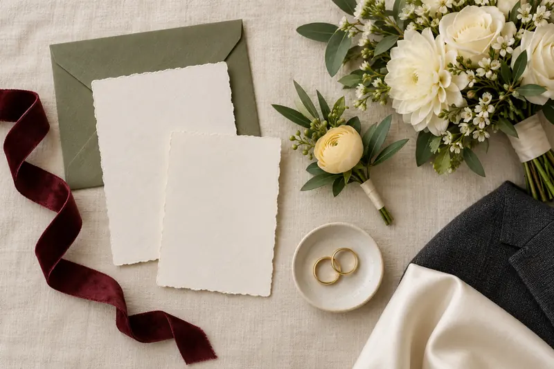 Wedding details concept with blank ivory stationery, olive envelope, oxblood ribbon, yellow flowers and gold rings.
