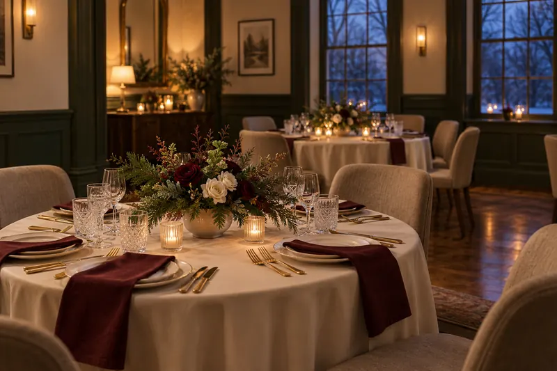 Winter wedding concept with burgundy napkins, evergreen flowers and warm glass lights against blue evening windows.