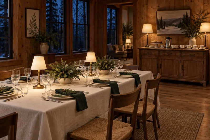Cream linen, evergreen arrangements and shaded lamps dress a timber room, with pie and coffee on a separate sideboard.