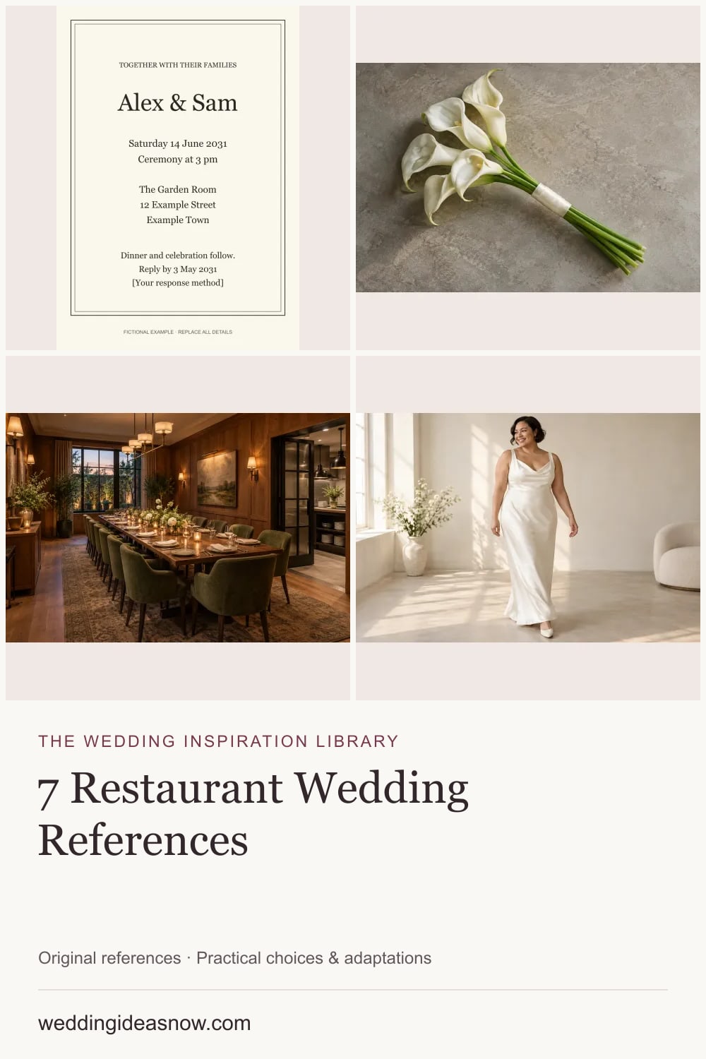 7 original wedding references from A city restaurant evening: a complete wedding concept. Cover shows 4 ideas included in this guide.