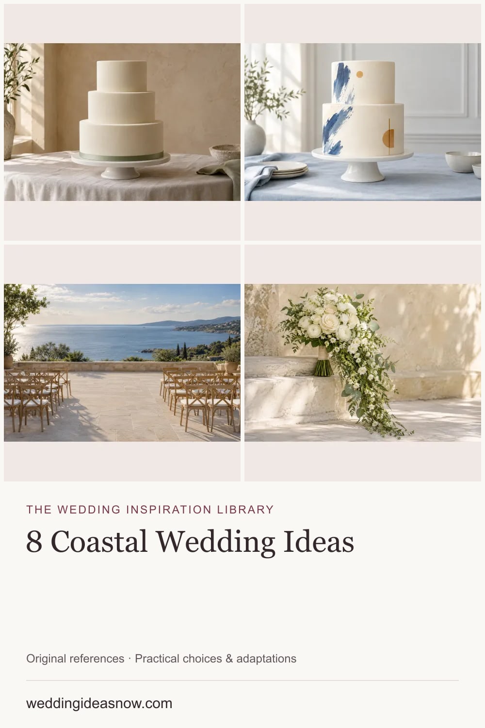 8 original wedding references from A coastal wedding in sea-glass colors and open light. Cover shows 4 ideas included in this guide.