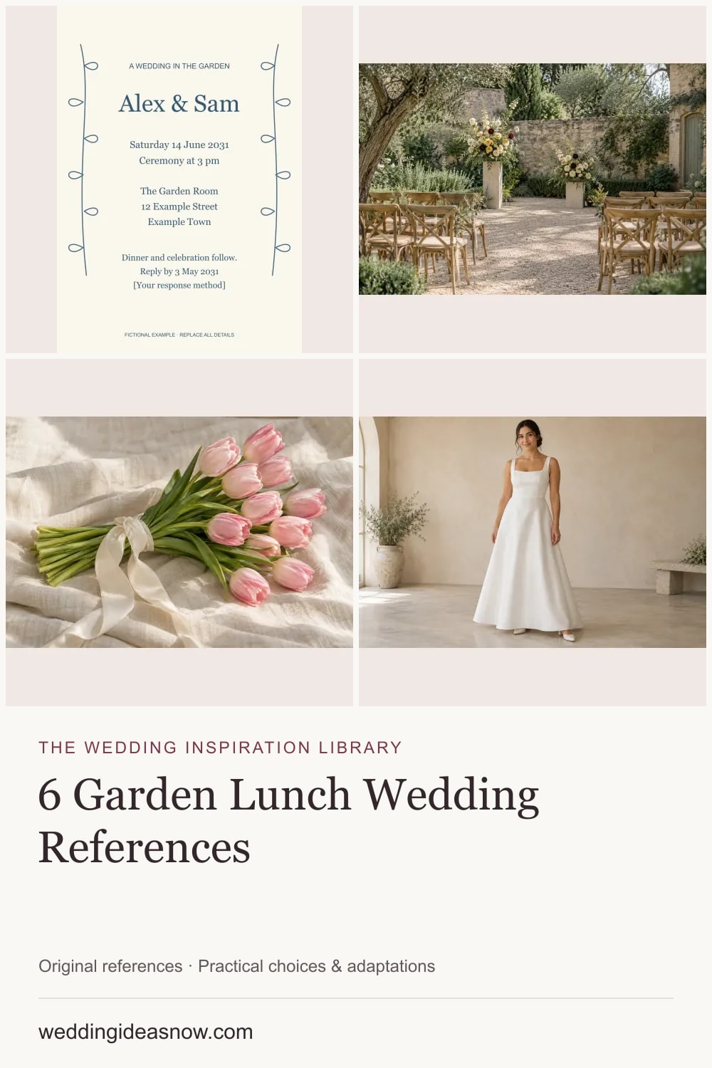 6 original wedding references from An airy garden lunch: a complete wedding concept. Cover shows 4 ideas included in this guide.