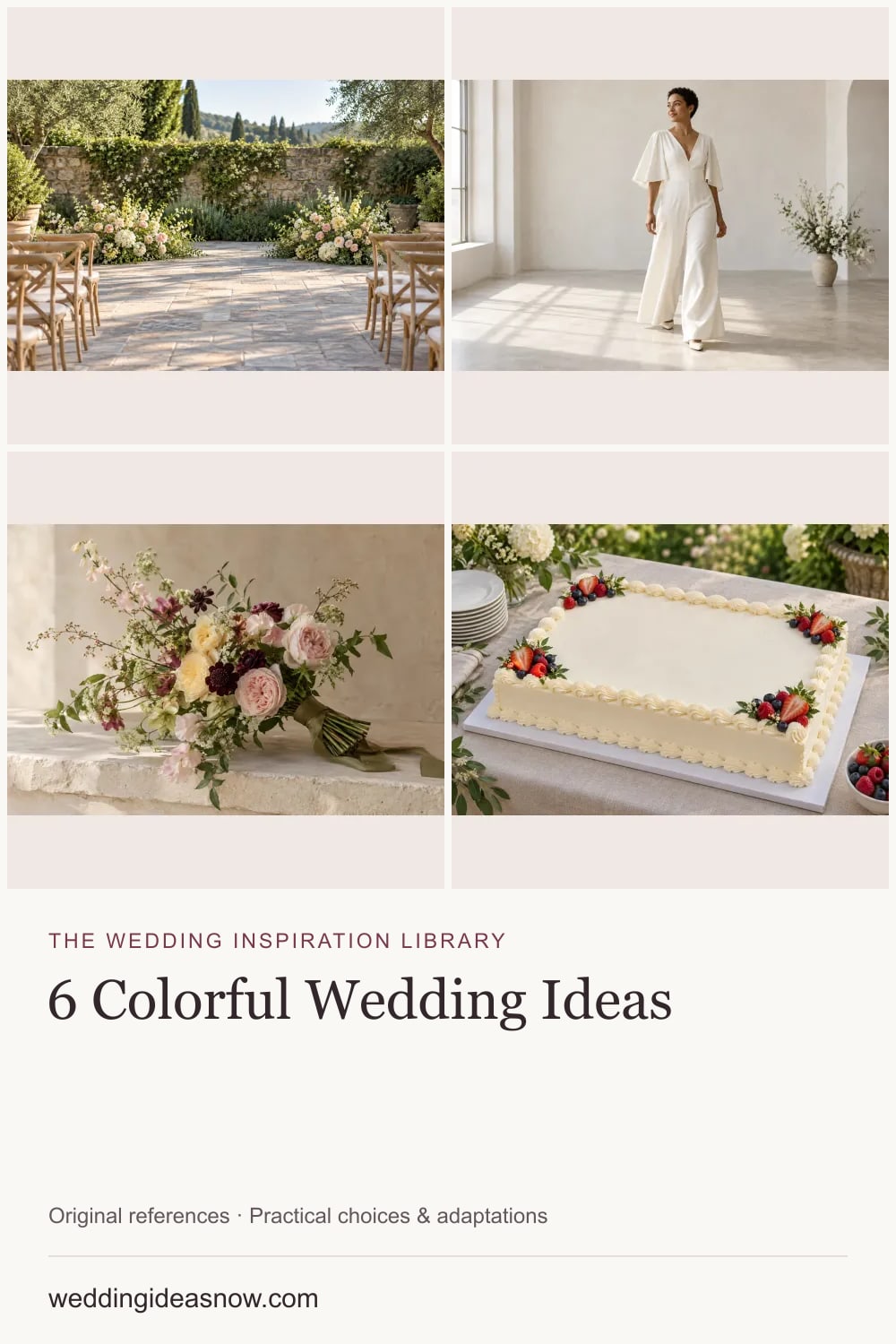 6 original wedding references from A colorful wedding full of playful, connected details. Cover shows 4 ideas included in this guide.