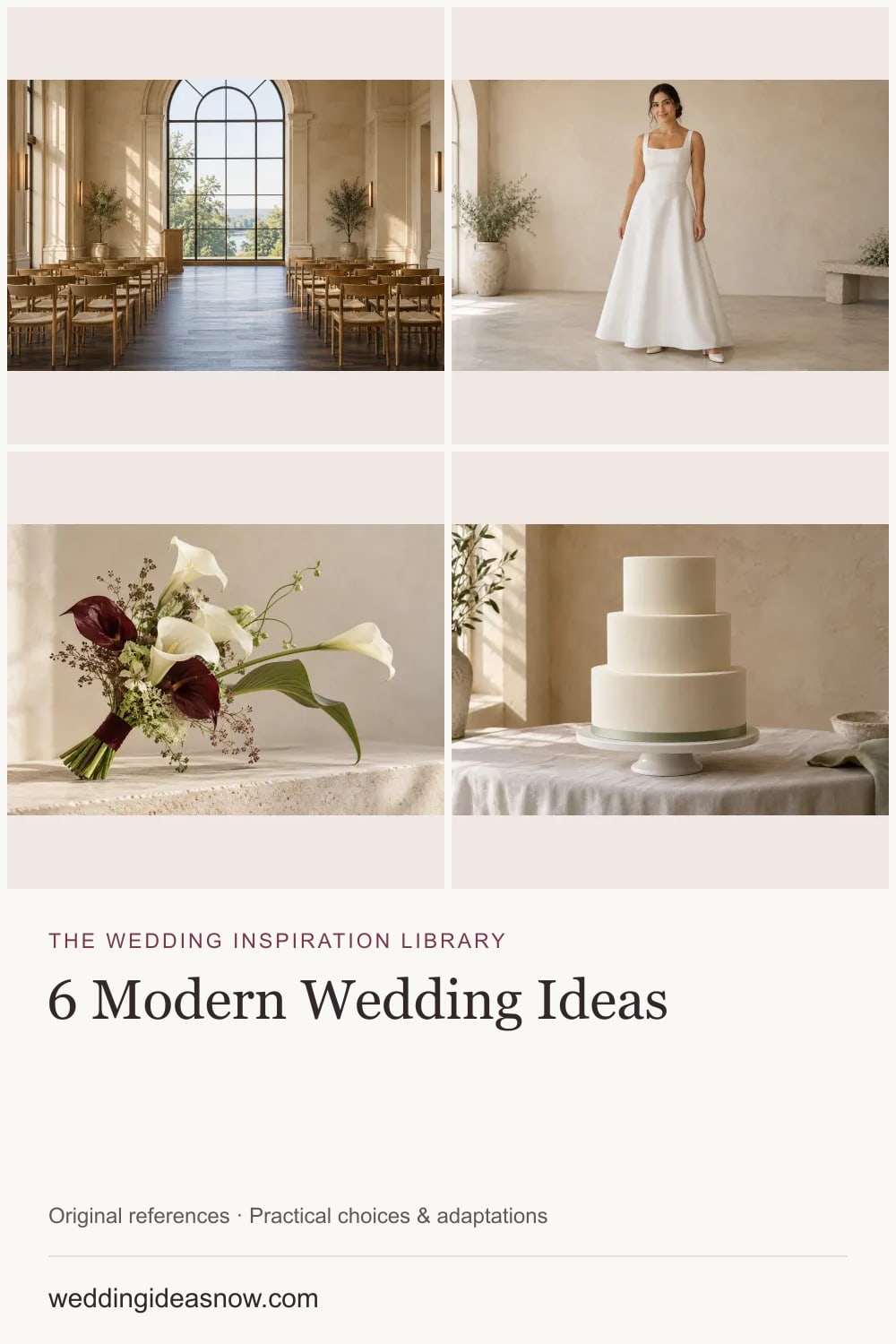 6 original wedding references from A modern wedding with clean lines and a warm welcome. Cover shows 4 ideas included in this guide.