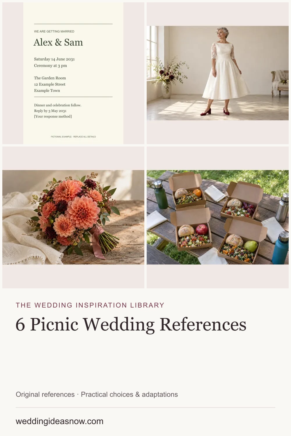 6 original wedding references from A relaxed picnic gathering: a complete wedding concept. Cover shows 4 ideas included in this guide.