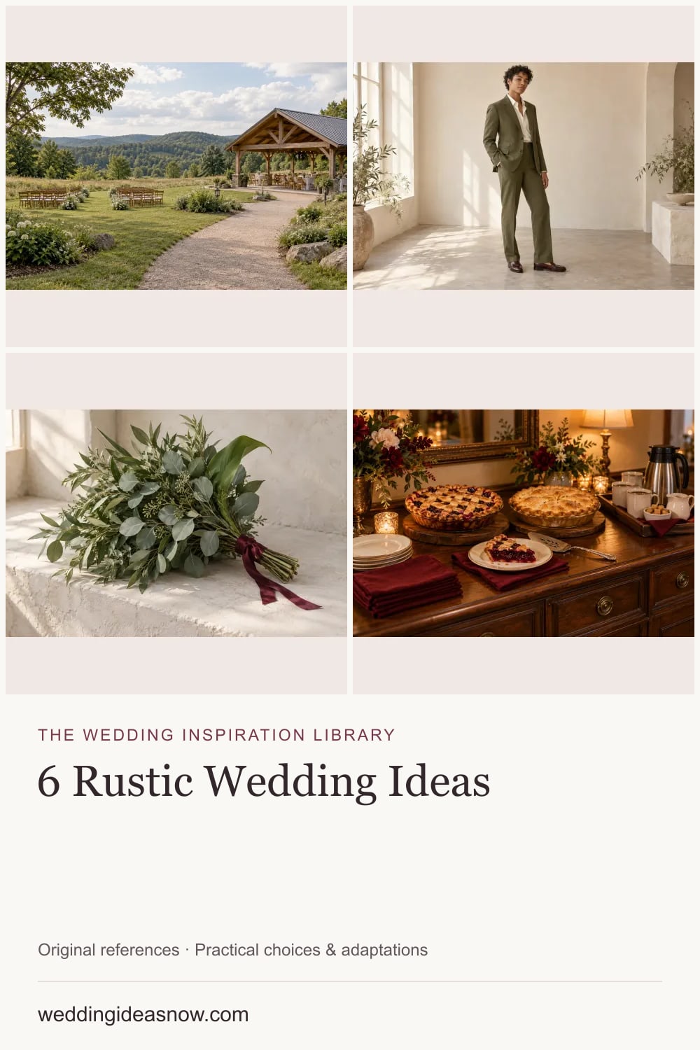 6 original wedding references from A rustic wedding with warm textures and shared hospitality. Cover shows 4 ideas included in this guide.
