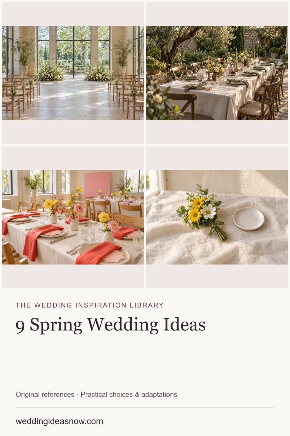 9 original wedding references from Spring wedding ideas: soft growth or joyful color. Cover shows 4 ideas included in this guide.