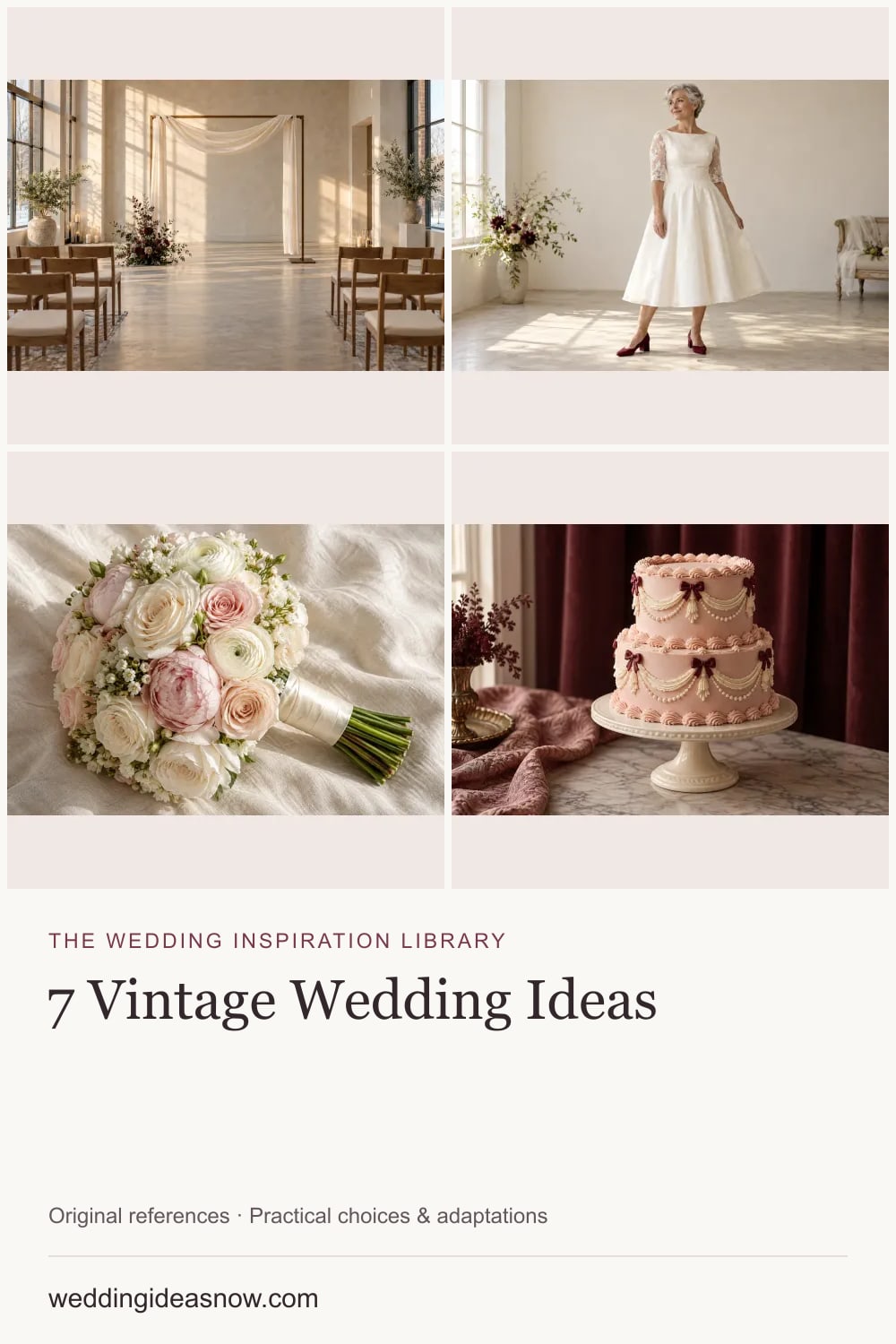 7 original wedding references from A vintage wedding with meaningful objects and soft color. Cover shows 4 ideas included in this guide.