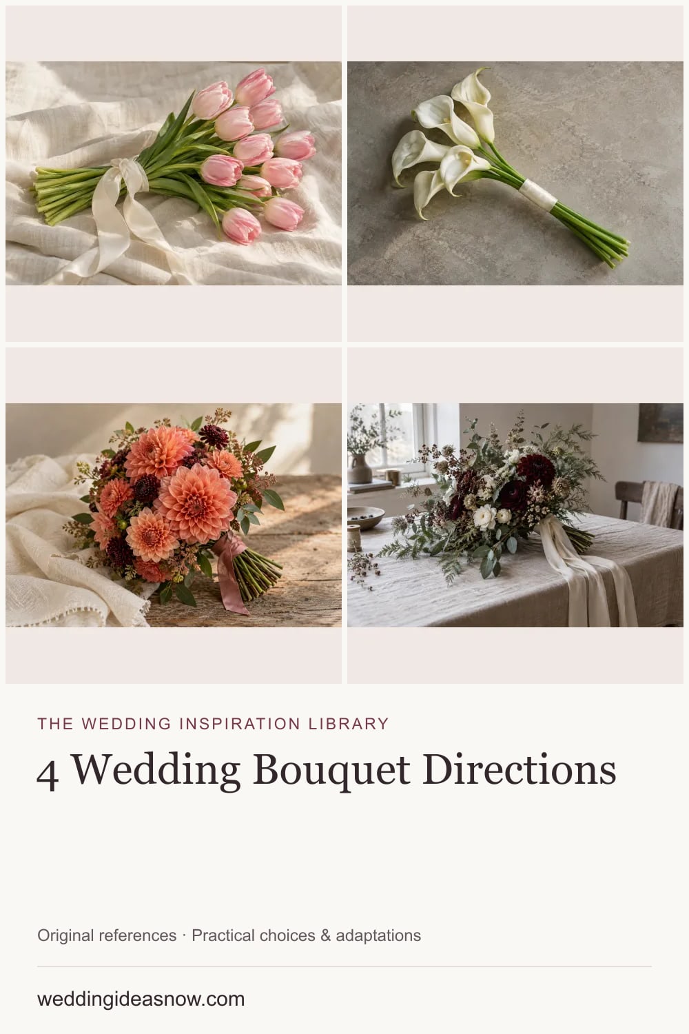 4 original wedding references from Four bouquet directions, with a florist-ready brief. Cover shows 4 ideas included in this guide.