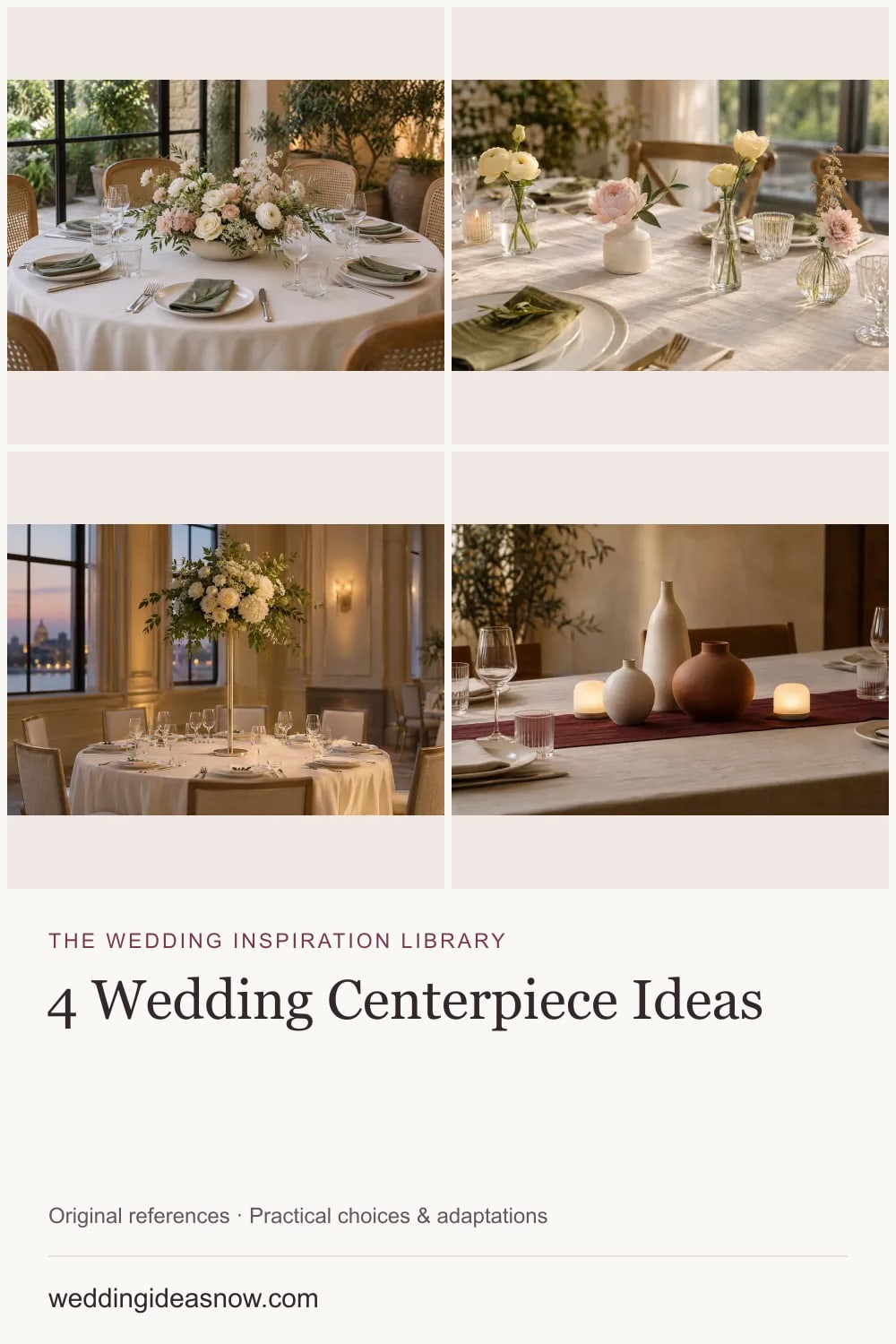 4 original wedding references from Wedding centerpieces with different shapes and personalities. Cover shows 4 ideas included in this guide.