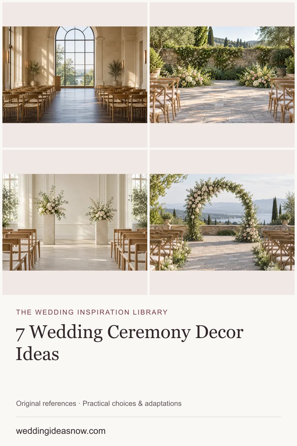 7 original wedding references from Ceremony decor that frames the moment beautifully. Cover shows 4 ideas included in this guide.