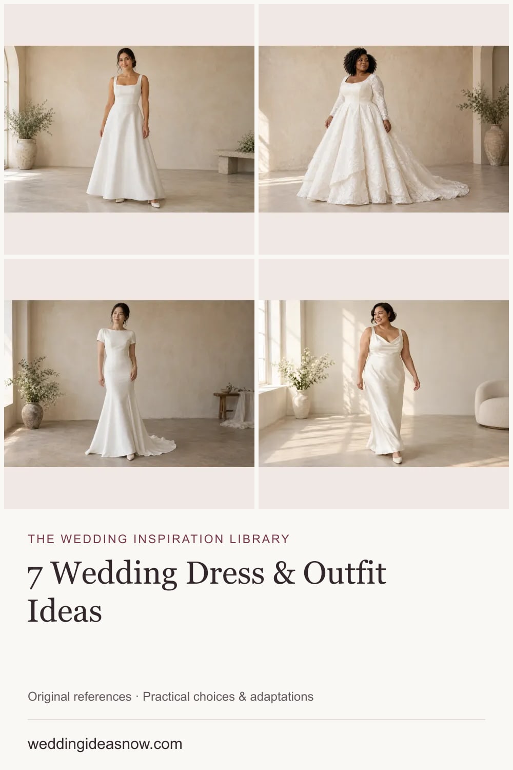 7 original wedding references from Find a wedding dress shape you want to try. Cover shows 4 ideas included in this guide.