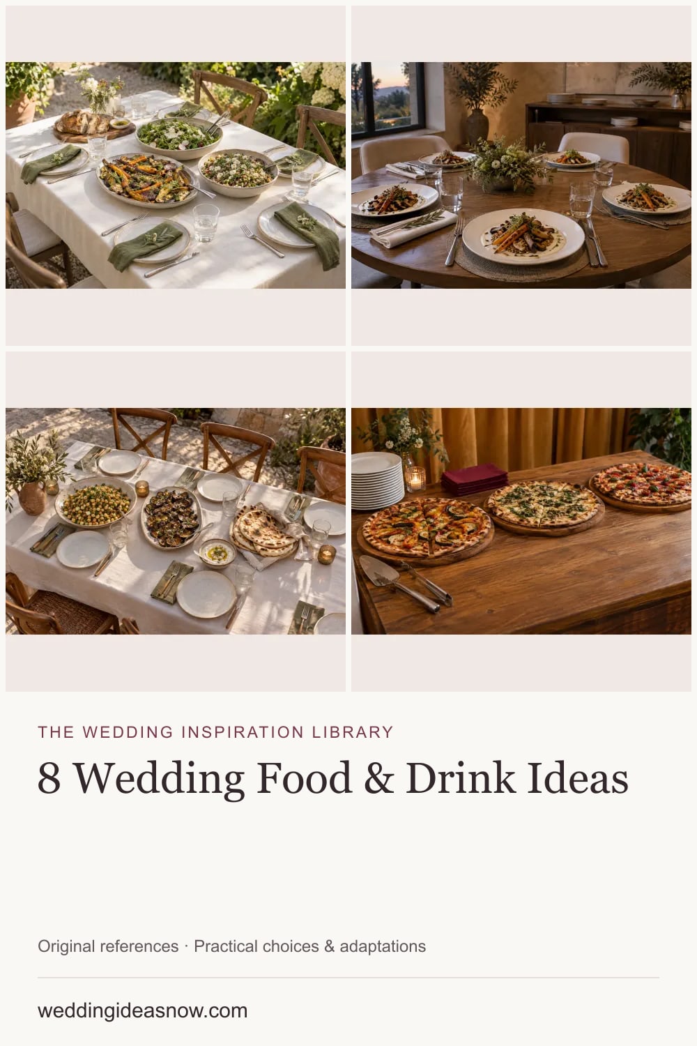 8 original wedding references from Wedding food ideas: choose the meal and the service. Cover shows 4 ideas included in this guide.