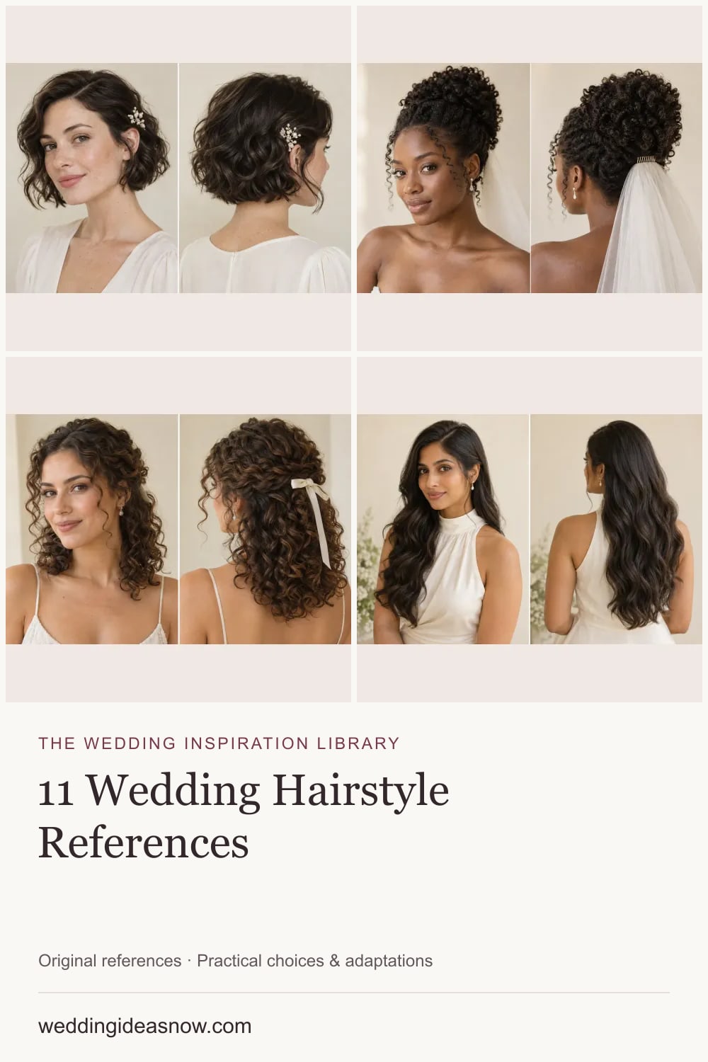 11 original wedding references from Wedding hairstyle ideas across lengths and textures. Cover shows 4 ideas included in this guide.