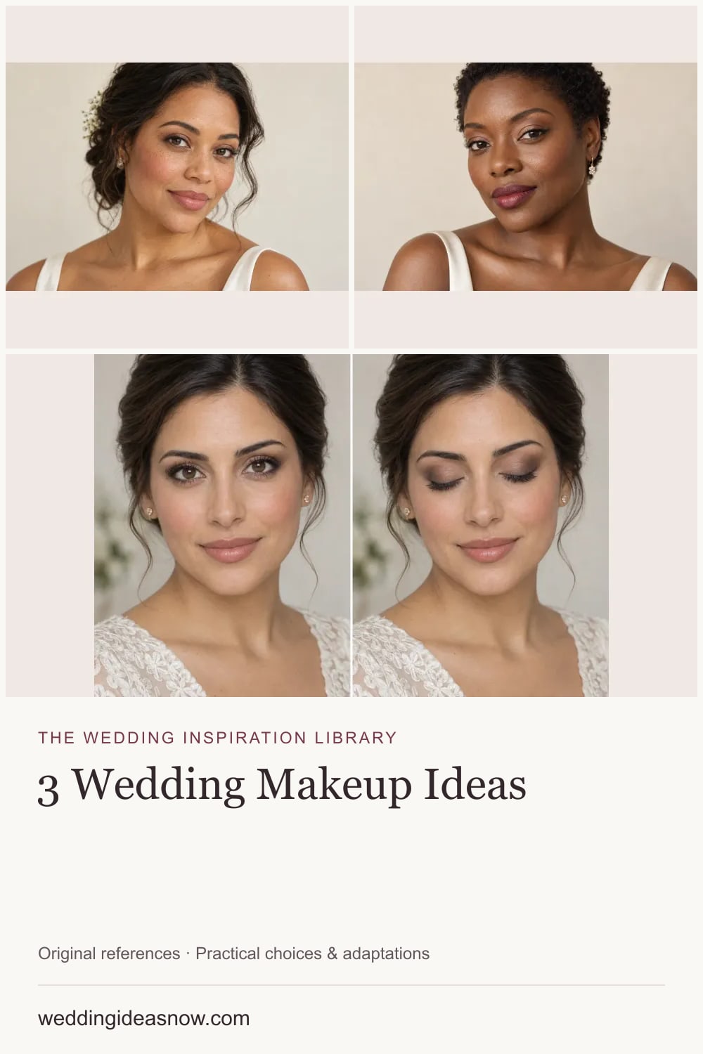 3 original wedding references from Wedding makeup ideas that still feel like you. Cover shows 3 ideas included in this guide.