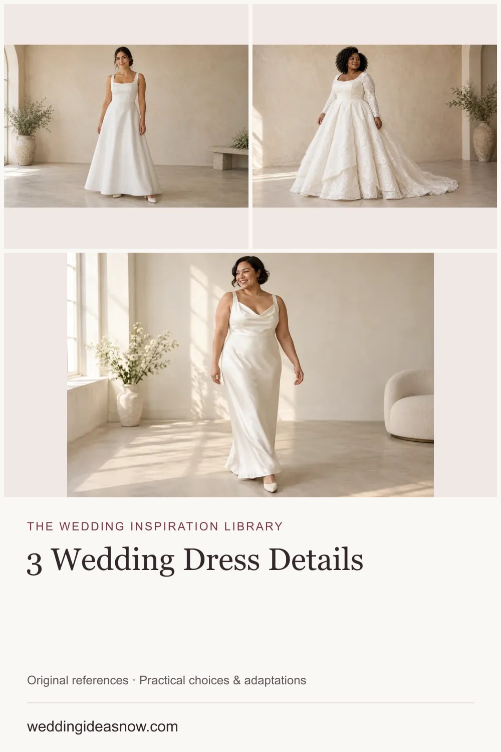 3 original wedding references from The dress details that change the whole look. Cover shows 3 ideas included in this guide.